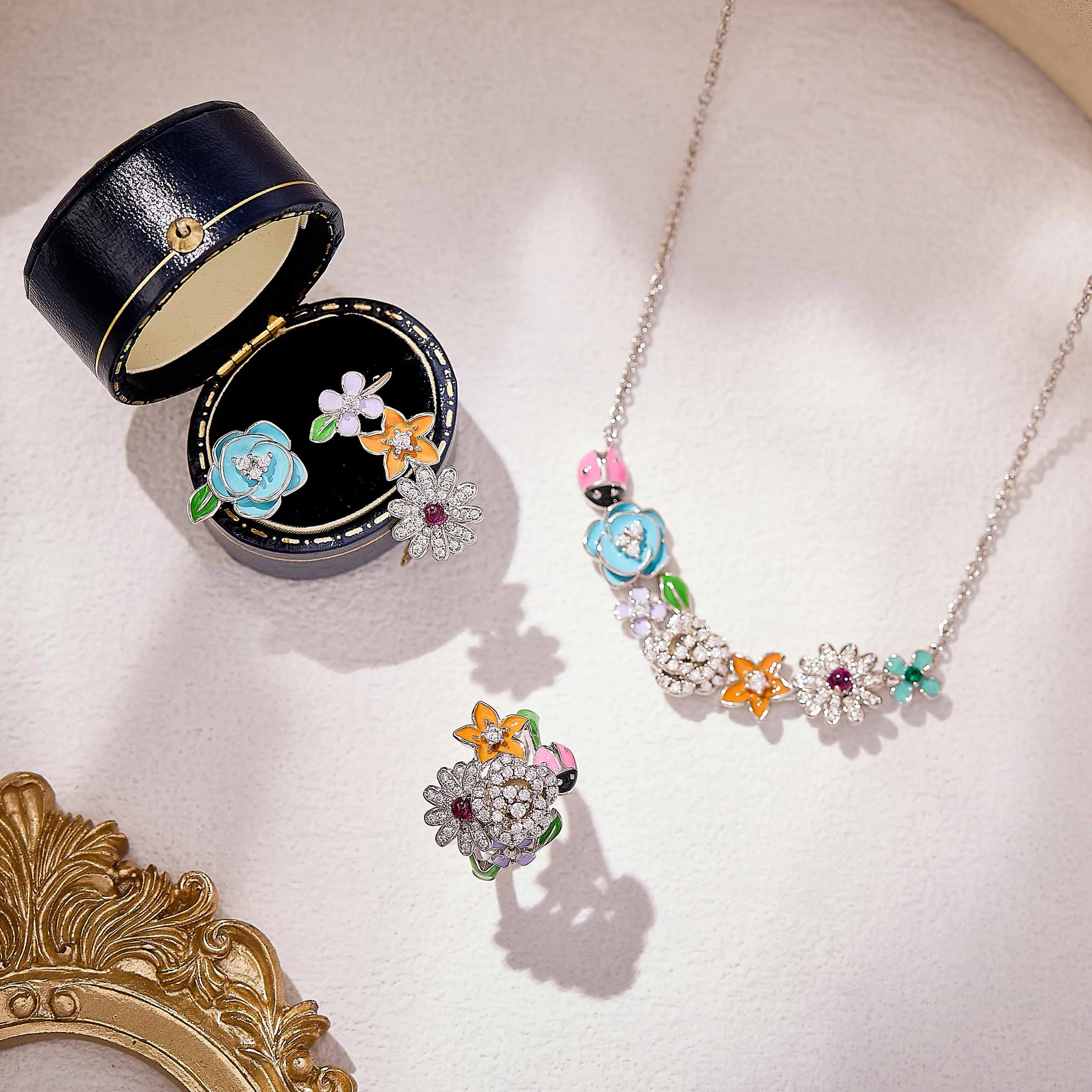 

Eyer Luxury Romantic Charming Flower Necklace Asymmetrical Earring Ring Small Set Inlay AAA Zircon For Lady Party Dating Jewelry