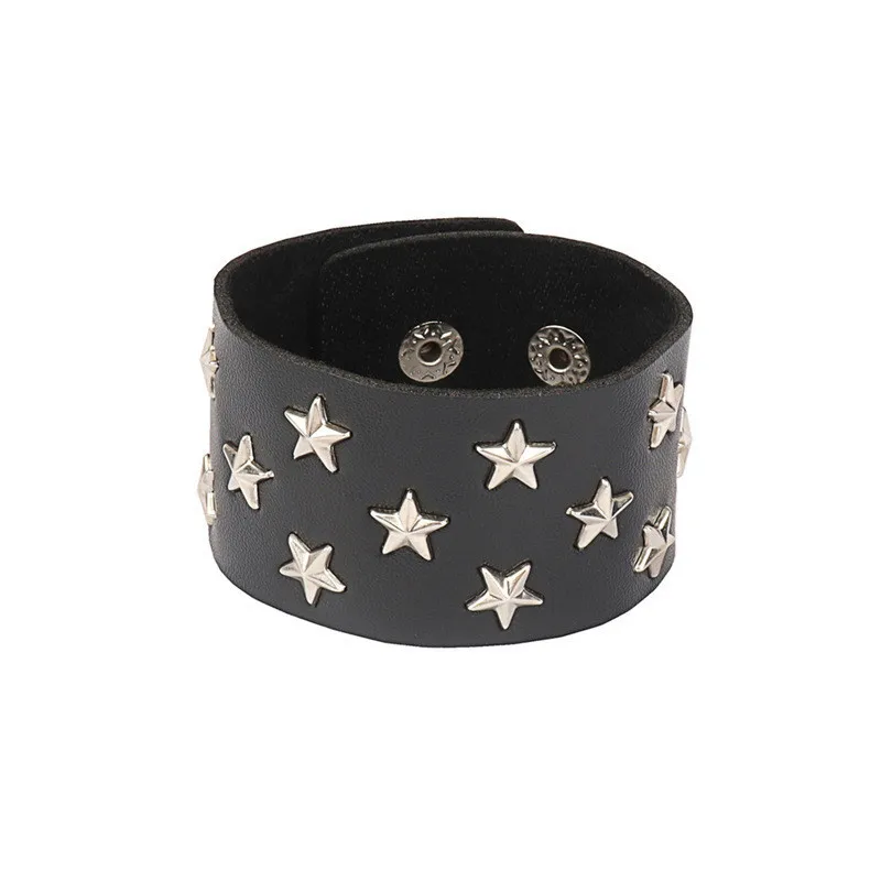 90s Punk Leather Bracelet for Men Women Rivet Cuff Bangle Bracelet Adjustable Black Leather Wristband with Metal Studded Jewelry