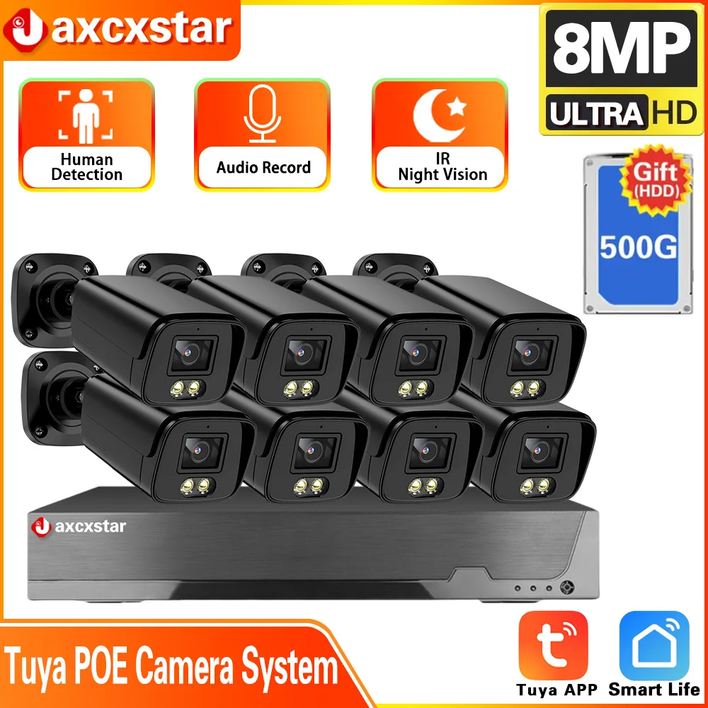 Kamera CCTV pintar rumah antiair, kamera keamanan, deteksi gerakan, kamera Video, sistem NVR 8CH 4K Tuya POE NVR 8MP/5MP IP66