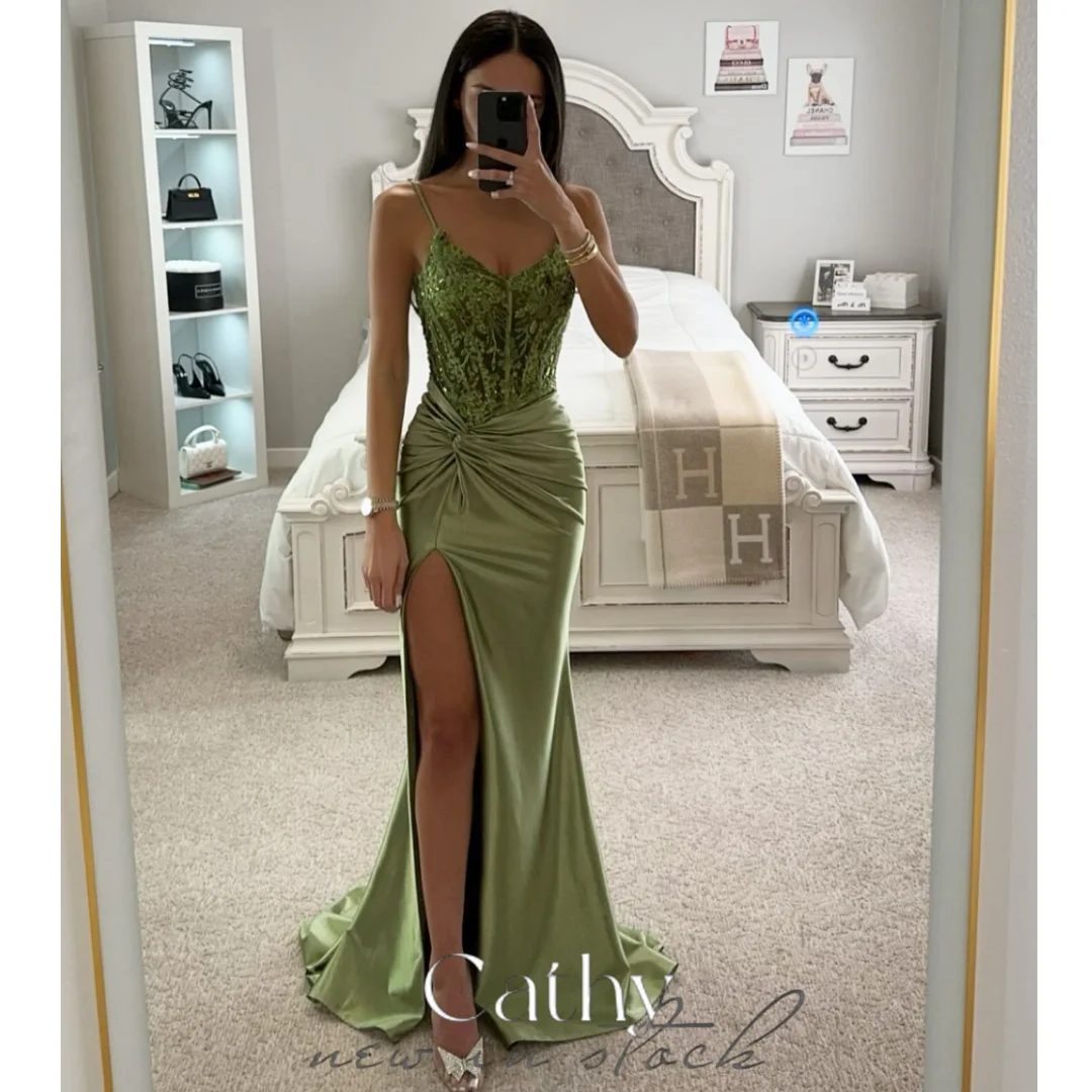 

Cathy Spaghetti Strap Green Lace Embroid Prom Dresses Spring Side Split Mermaid Evenging Dress Sexy Satin Vestidos De Noche