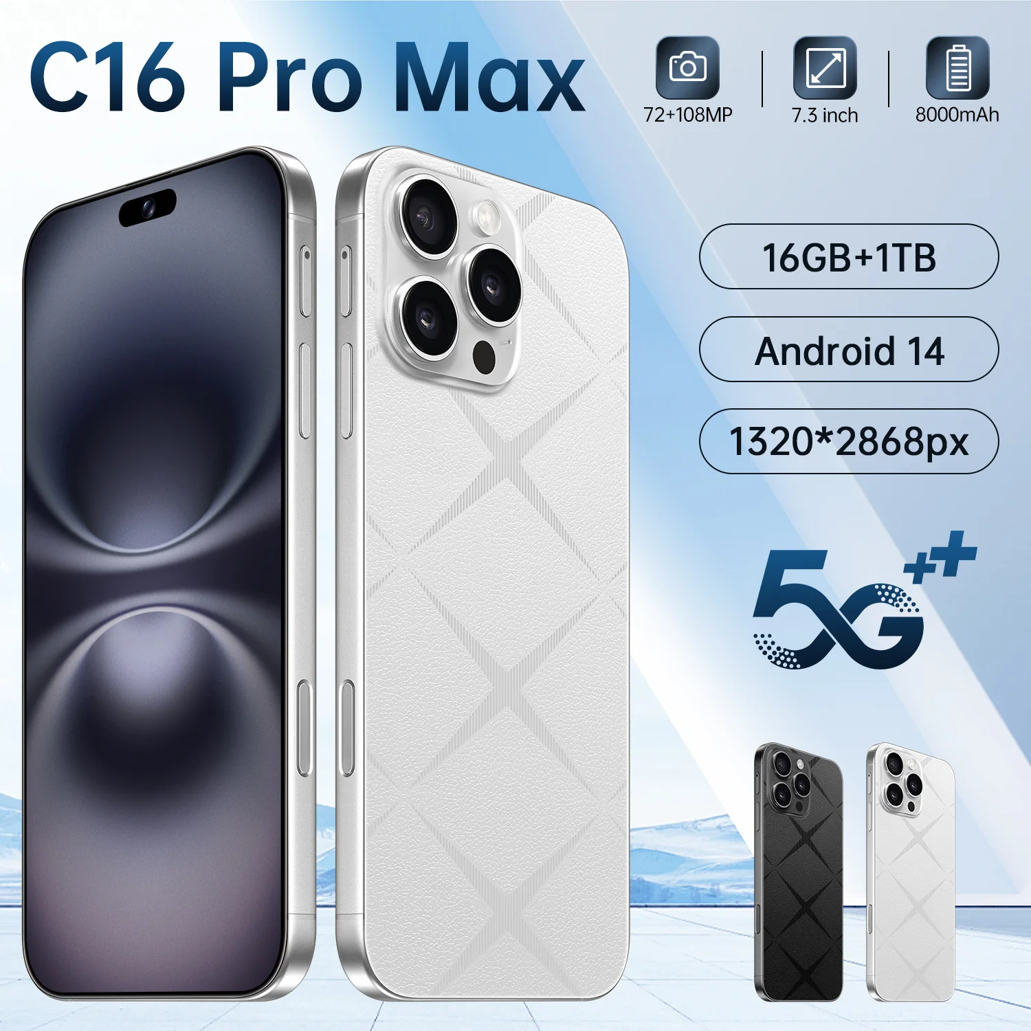 

Global Edition C16 Pro Max 7.3inch original smart 5G phone with 22GB+2TB dual card dual standby 8000mAh battery