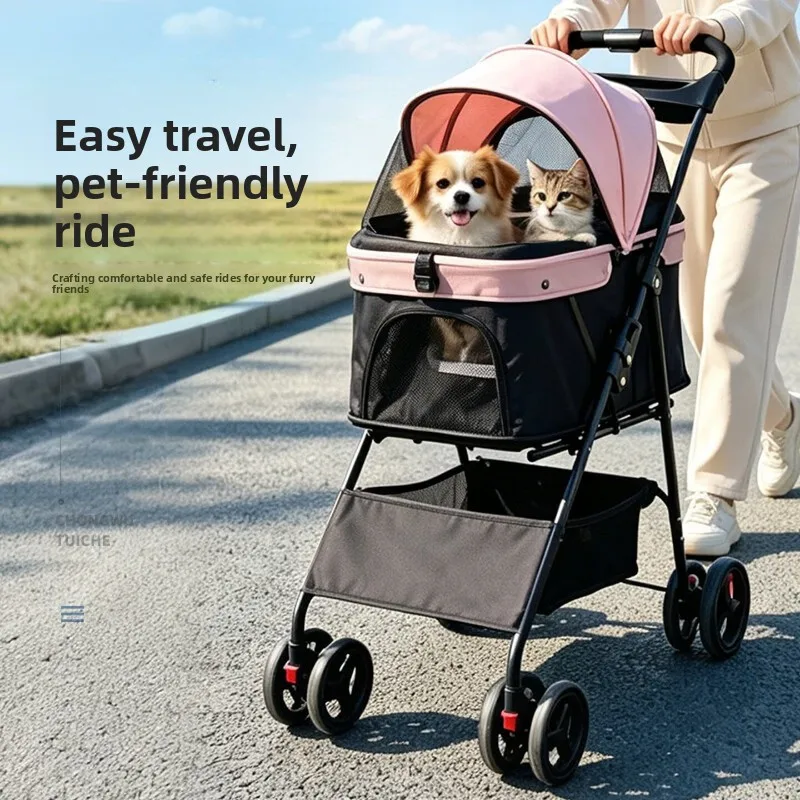 Folding Pet Stroller, Cat and Small Dog Pushchair with Fixed Carrier, Lightweight Frame, Wear-Resistant Wheels, Pink Fabric