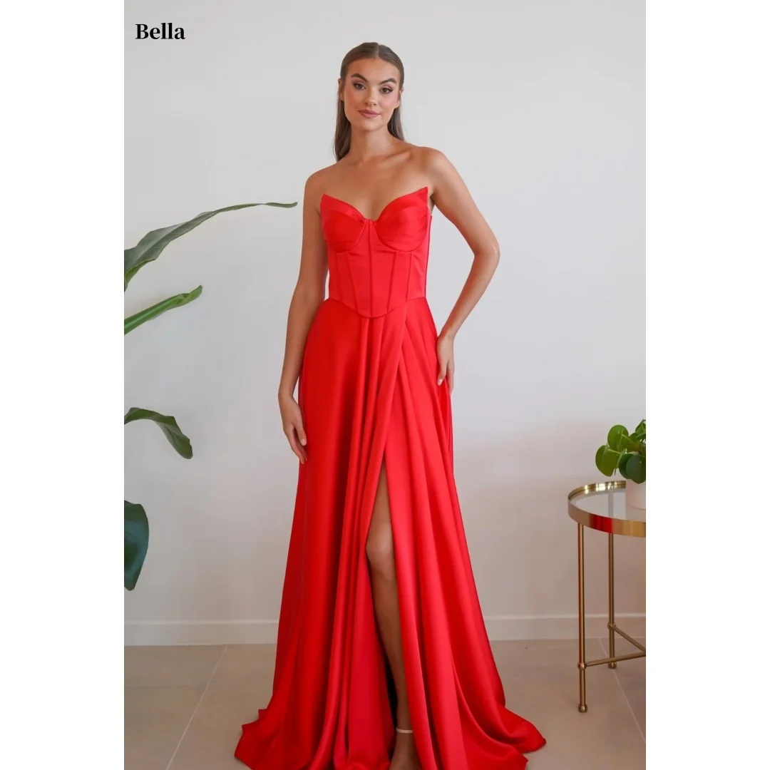Bella personalizado vermelho sem alças espartilho cetim vestido longo robes de soirée alta fenda elegante vestidos de festa elegante vestido de baile 2025