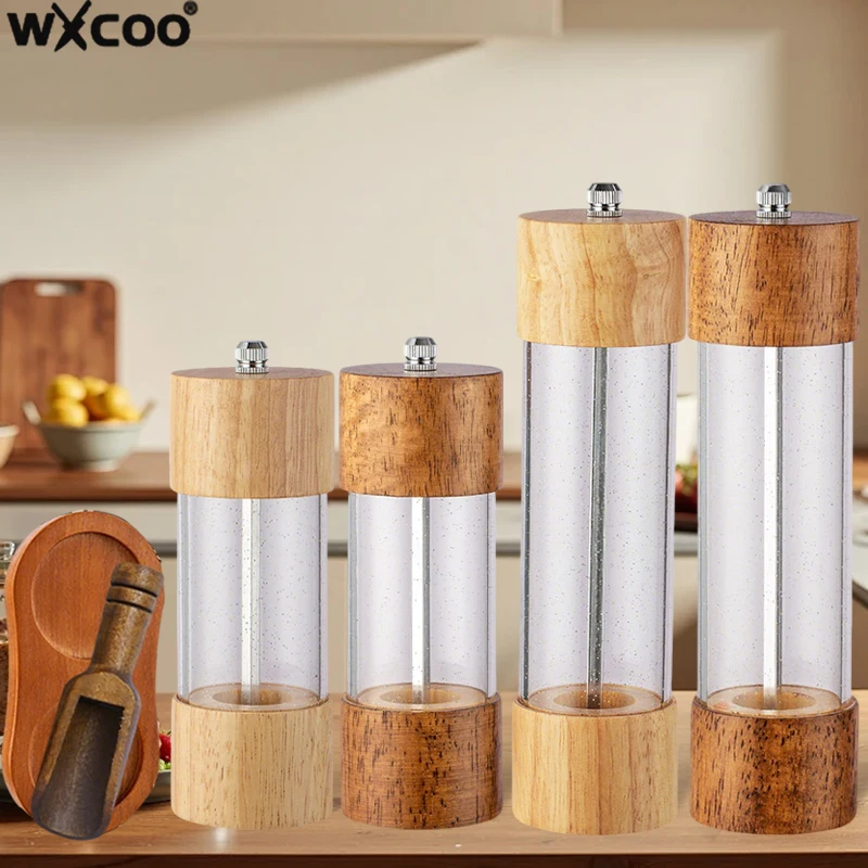 WXCOO Manuelle Salz- und Pfeffermühlen, Acryl-Salz- und Pfeffermühlen-Set, verstellbare Pfefferstreuer-Mühle mit Keramikkern aus Holz
