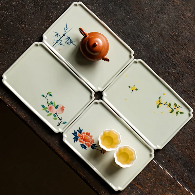 Plant Ash Hand Painted Osmanthus Ceramic Tea Tray Rectangular Dry Brew Plate Household Kung Fu Tea Cup Holder Table Decor
