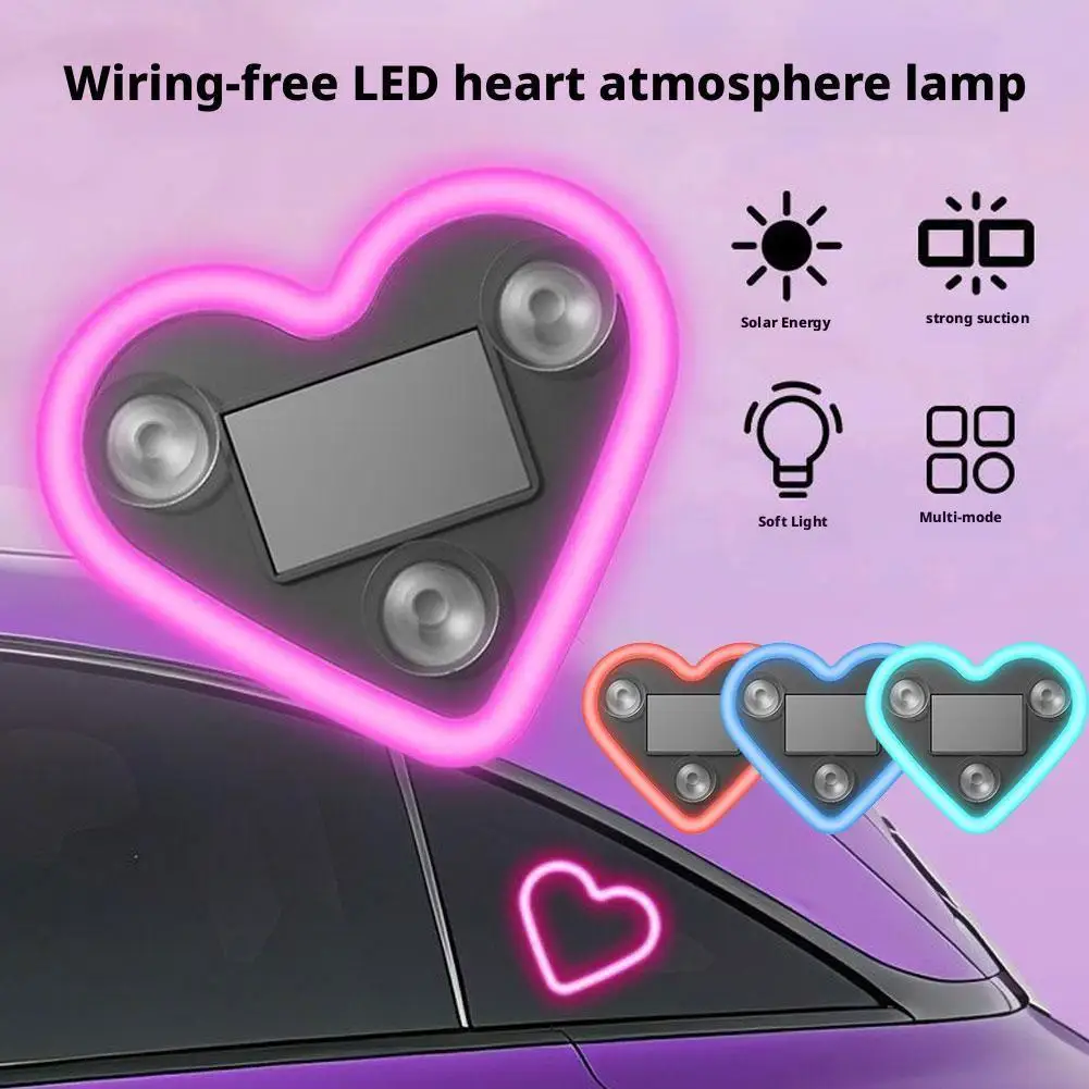Solar Powered Car Window Neon Lights Heart-shaped LED Atmosphere Light Decoration Wiring Free Cars Perfect Gift