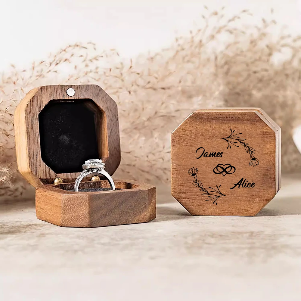 Personalized Wooden Wedding Engagement Ring Box Custom Engraved Walnut Oak Ring Box Anniversary Gift Proposal Ring Box Holder