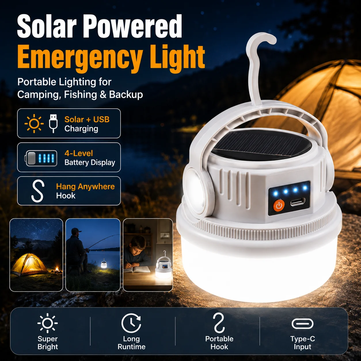 Lampe camping solaire LED rechargeable USB, double charge, étanche, lampe tente, torche LED portable avec crochet suspension LED