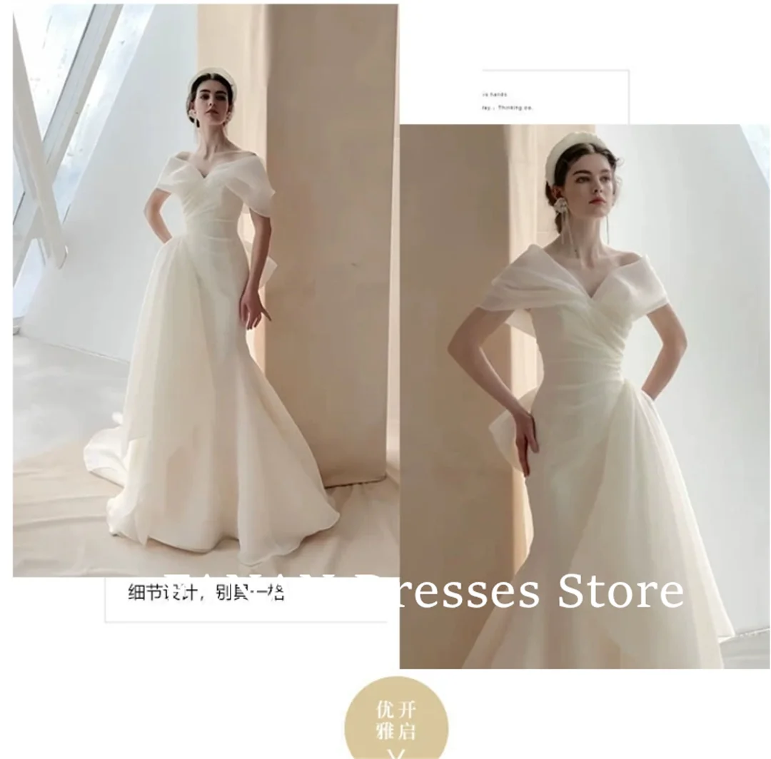 FANAN Korea Off Shoulder Ivory Short Sleeves Wedding Dresses 웨딩드레스 Organza Mermaid Vintage Customized Bride Gowns Plus Size