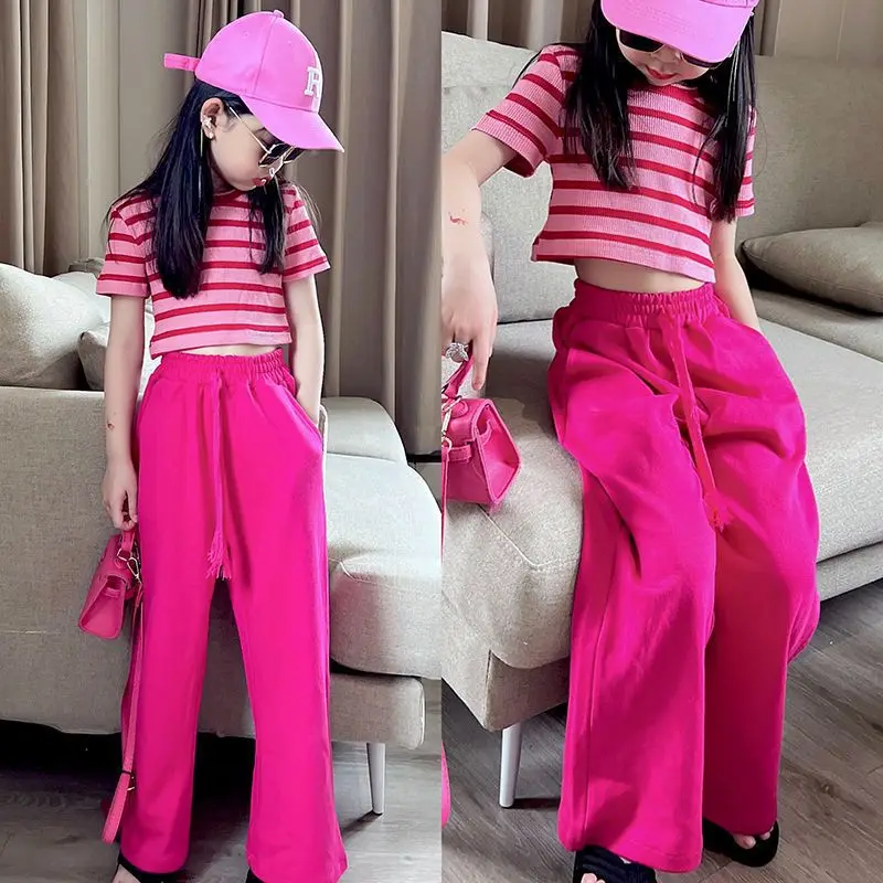 2024 summer Kids Girls Clothes Children Sets short striped crop top T-shirts + Wide Leg straight Pants Teenager 4 8 10 12 Years