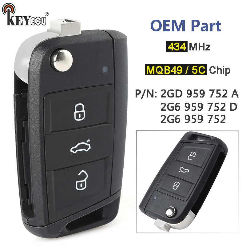 

KEYECU 434MHz MQB49 / 5C Chip 2G6 959 752 / 2G6 959 752 A / D OEM Parts Flip Remote Key Fob for Volkswagen Golf Polo 2017-2021
