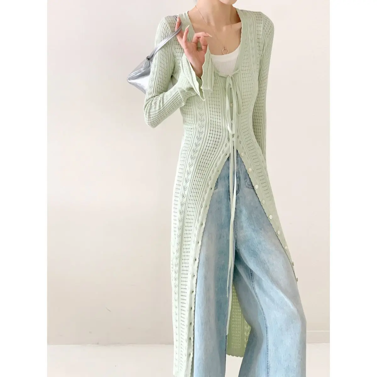 

Women Green Lace Up Knitted Cardigan Hollow Out Long Sleeved Slim Mid Length Sweater Coat Elegant Versatile Lady Tops