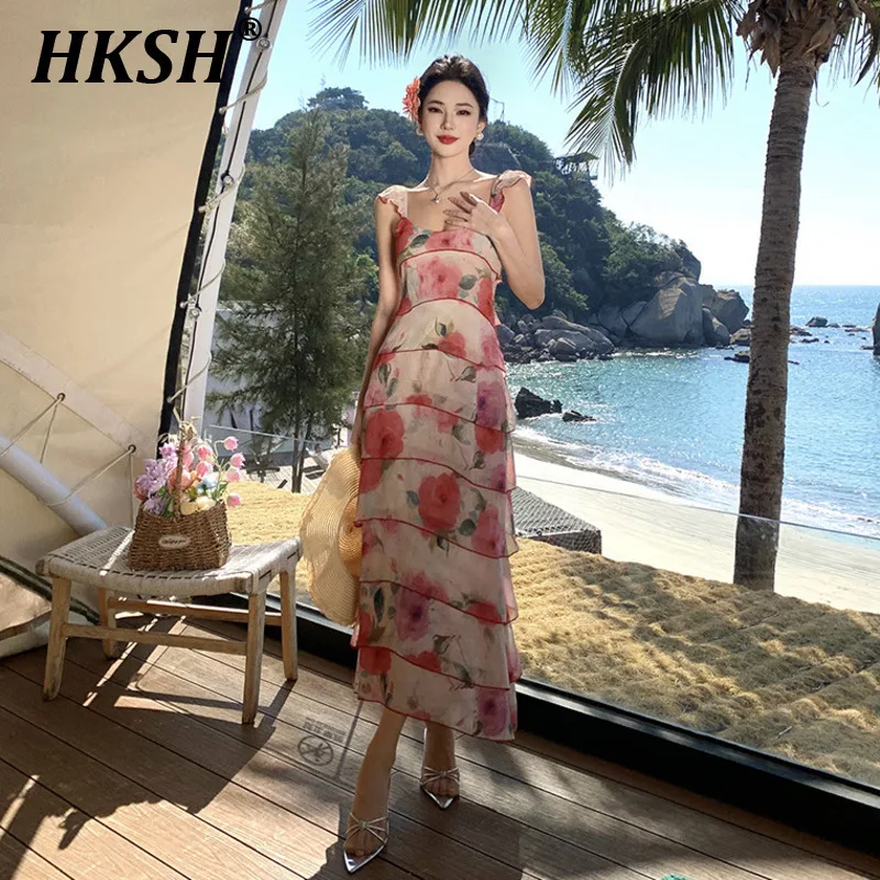 

HKSH 2025 Spring Summer New Women Tide Printed Vacation Chic Elegant Dress Layered Cake Skirt Fashion Y2K French Stylish HK4003