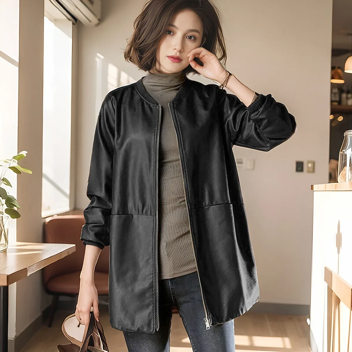 Bla Leather Jaet Donna Primavera Autunno Lunghezza media Allentato Mom Faion Hong Kong Sle Cappotto in pelle PU Chiusura con cerniera