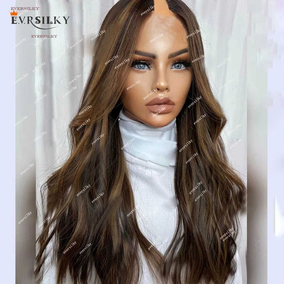 

Highlights Vanilla Blonde Natural Wavy V Part 100% Human Hair Glueless Chestnut Brown Side/Middle U Shape Wigs Full Machine Made