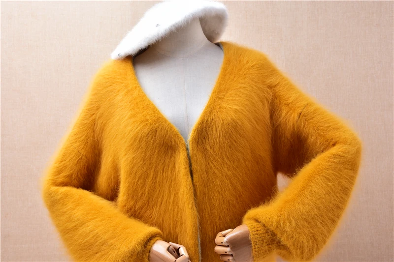 สุภาพสตรีผู้หญิงฤดูใบไม้ร่วงฤดูหนาวเสื้อผ้า Hairy Mink Cashmere ถักยาวโคมไฟแขน V คอหลวม Cardigans Mantle เสื้อกันหนาว Coat