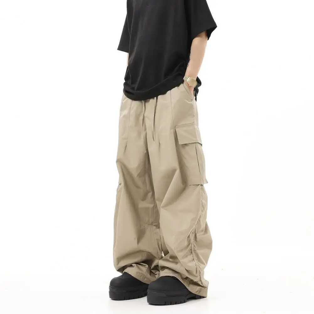 

Men Casual Trousers Vintage Style Men's Cargo Pants with Wide Leg Multiple Pockets for Hip Hop Streetwear Fashion Elastic Waist