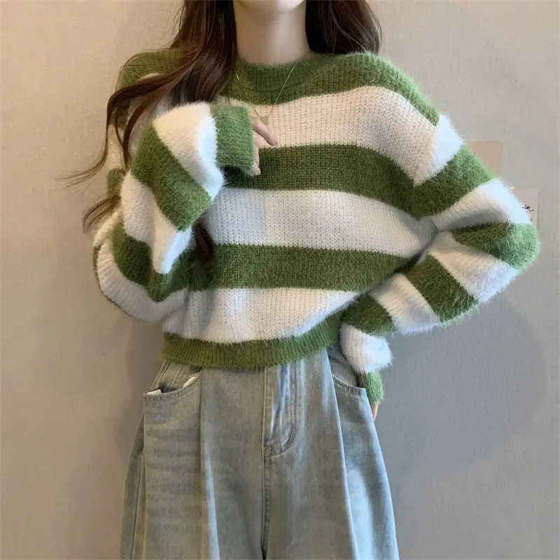 Striped Splicing Short Sweater Women Y2K Autumn Loose Warm Long Sleeve Pullovers Korean Imitation Mink Velvet Crop Jumper