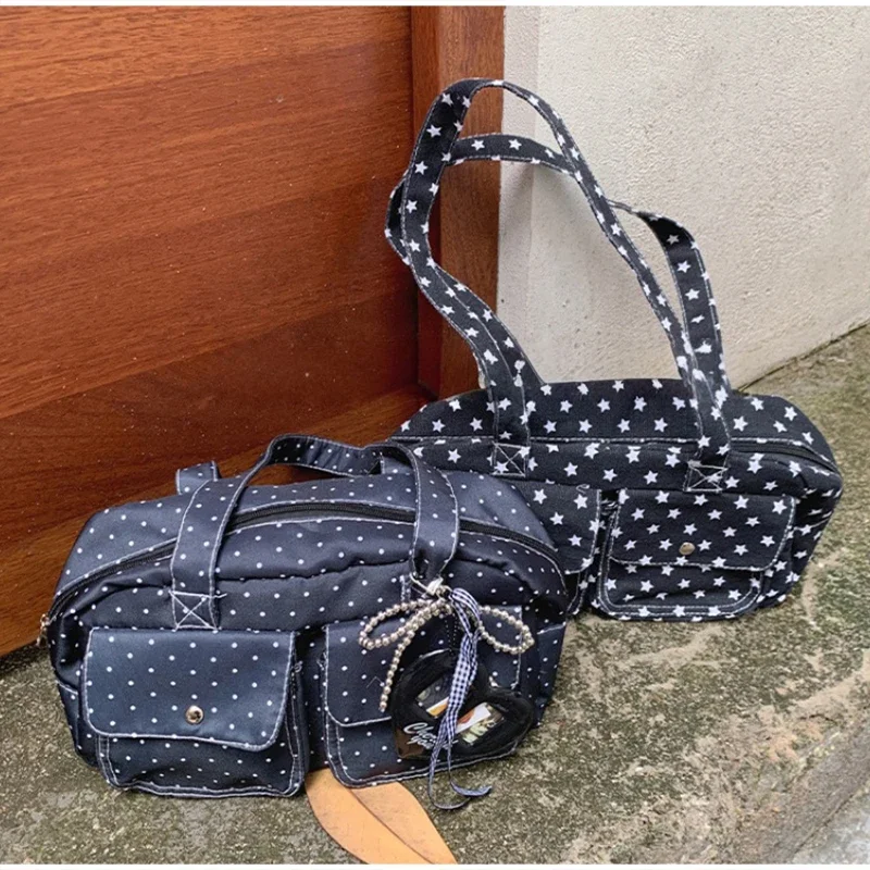 Schultertasche mit mehreren Taschen und Sternenmuster, gepunktet, für Damen, Canvas-Tragetasche, koreanische süße, niedliche, lässige Handtasche für Pendler und Reisen – Detail 27