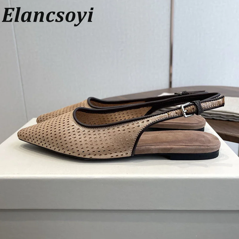 Sandals Women's Hollow Out Leather Rhinestone Decorated Flat Shoes Women's Casual Office Sandals 2026 Summer Fashion Party Shoes