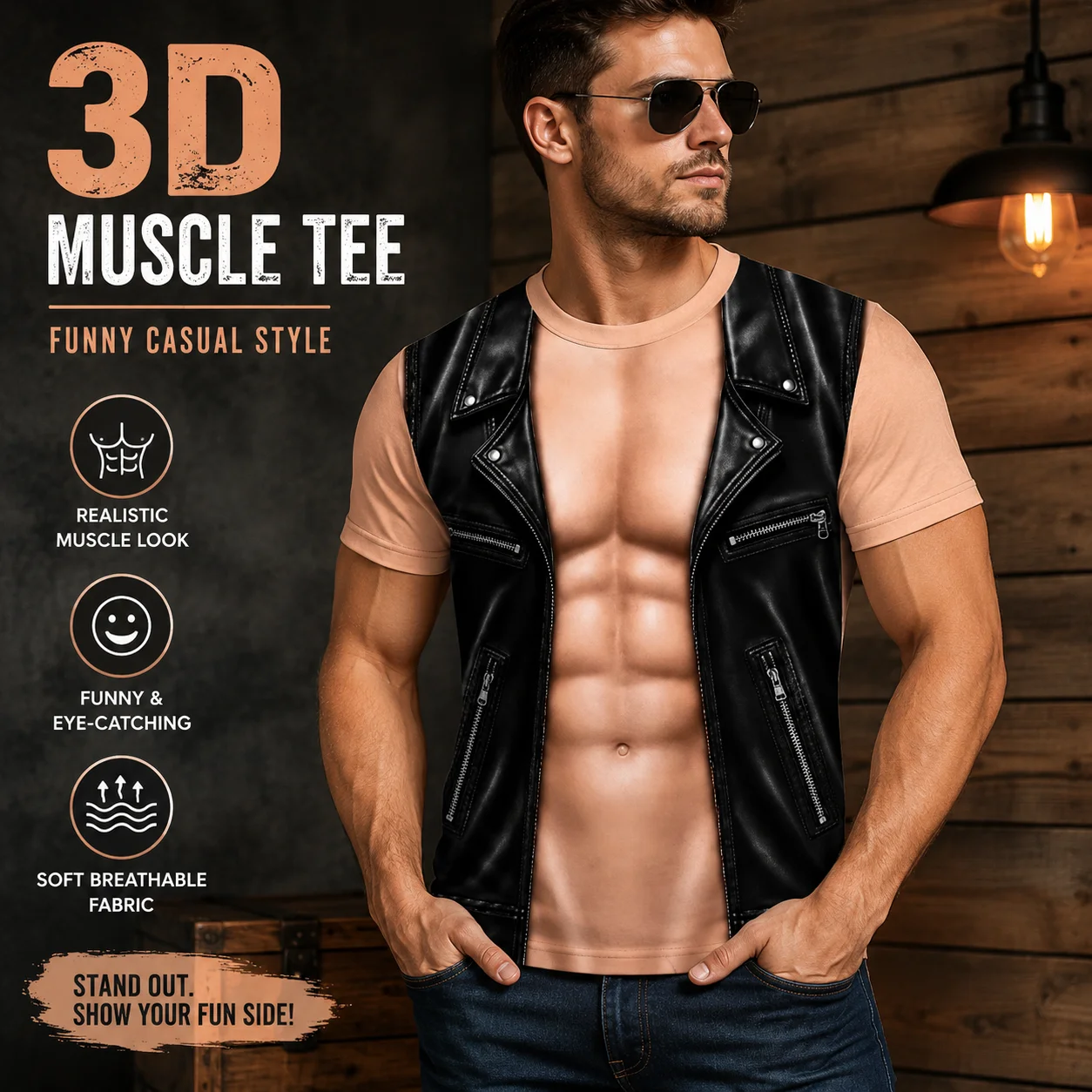 Image of Lustiges Herren-T-Shirt mit 3D-Muskelbrust-Print, Biker-Weste, Illusions-Kurzarmshirt, Lustige Streetwear, Sommerliches Casual-Oberteil, Herrenhemd