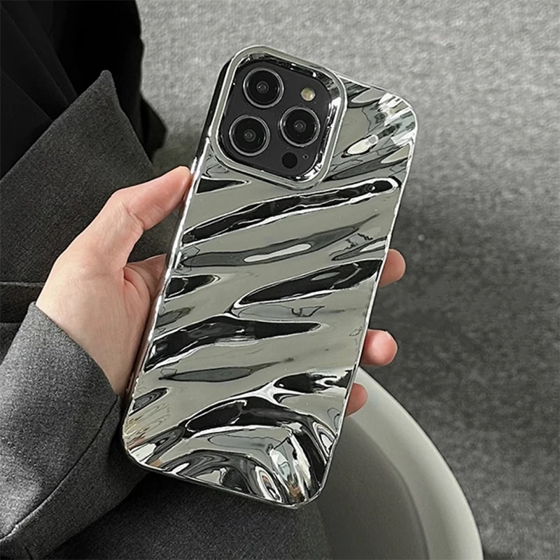 Luxury Plating Silver Silk Fold Pattern Case For iPhone 13 11 12 14 15 16 Pro Max Shockproof Soft Phone Cover Bumper