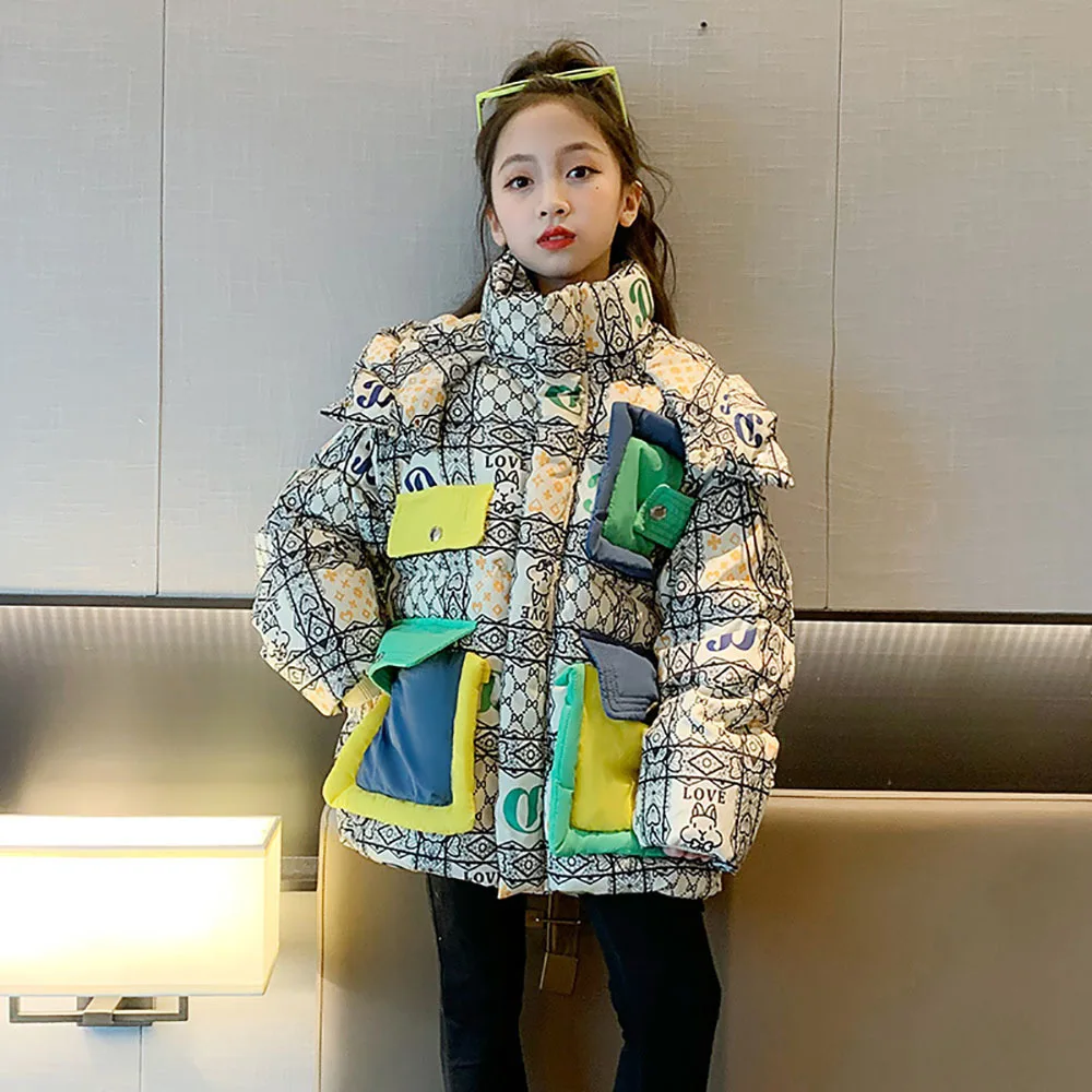 2024 Trend Fashion Children's Down Jacket Korean Style Printed Teenager Girl's Padded Coat Windproof Thick Warm Cotton Clothes