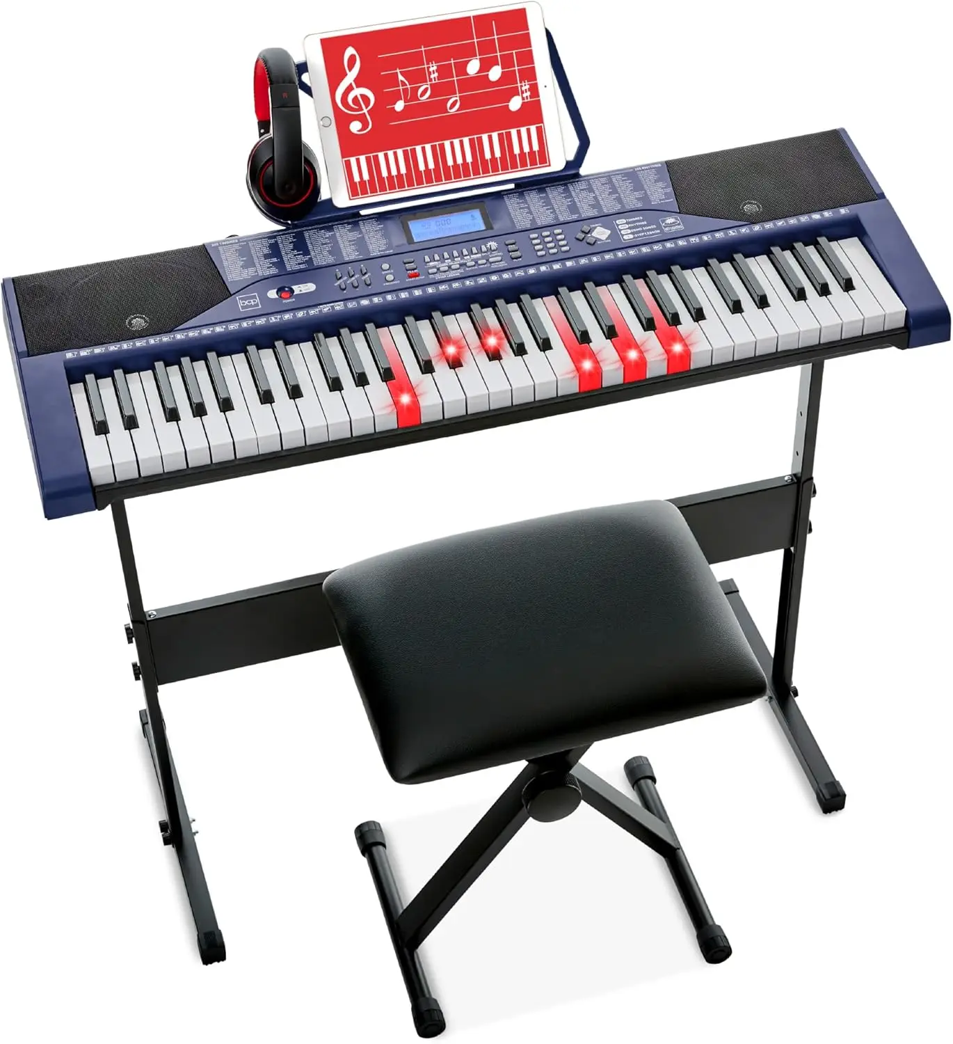 Choice Products 61-Key Beginners Complete Electronic Keyboard Piano Set w/Lighted Keys, LCD Screen, Headphones, Stand, Bench, Te