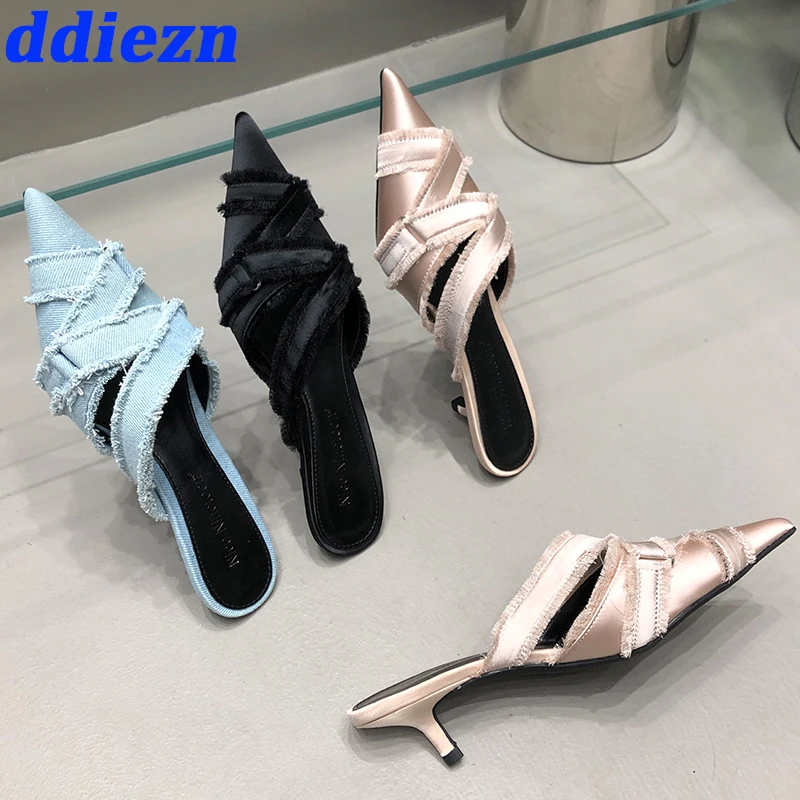 Pointed Toe Pumps Heels Shoes Elegant Women Mules Slides Designer Female Fashion Denim Medium Heel Shoes For Ladies 2024