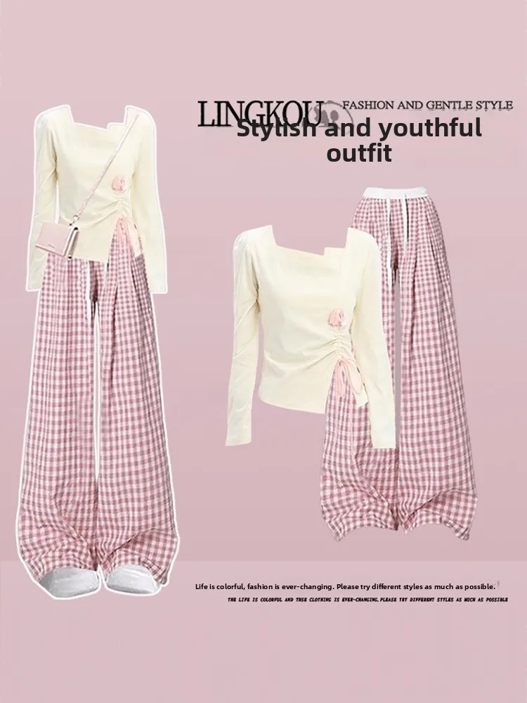 

Sweet Large Size Autumn Set Women's Luxury Slimming Plaid Casual Wide Leg Pants Two Piece Set High Waist Long Pants T-Shirt