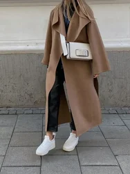 Split Wool Blends Long Overcoat Female's Solid Lapel Cardigan Maxi Coat 2023 Autumn Long Sleeve Ladies Street Chic Outerwear