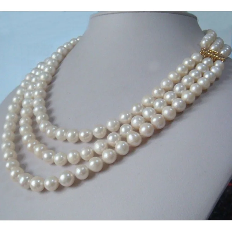 3 row strands natural 8-9mm akoya white pearl necklace 17-19inch14K gold plated clasp