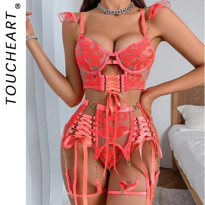 

Toucheart 4-Piece Embroidered See-Through Ultra-Thin Bra Hollow Body Shaping Sexy Set For Women Mesh Patchwork Underwear Suit