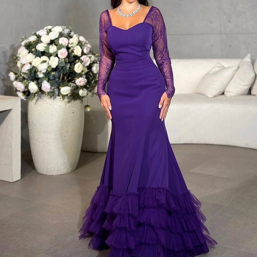 

Delicate Tulle Mermaid Tiered Evening Dress Strapless Long Sleeves Floor Length Panel Train Photo Color Bespoke Occasion Gowns