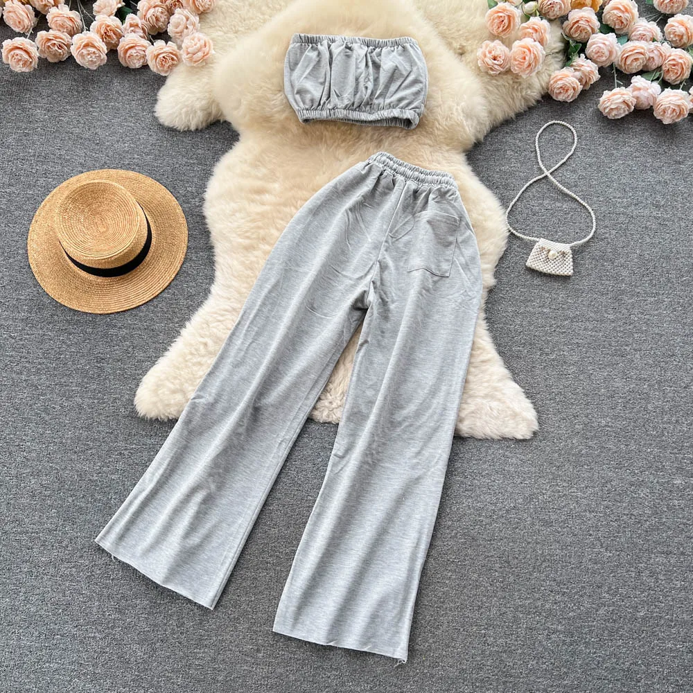 Summer Hot Girl Fashion Suit Female All-match with Chest Pad Tube Top Wrapped Chest Vest + Loose Wide-leg Pants Trousers Trendy