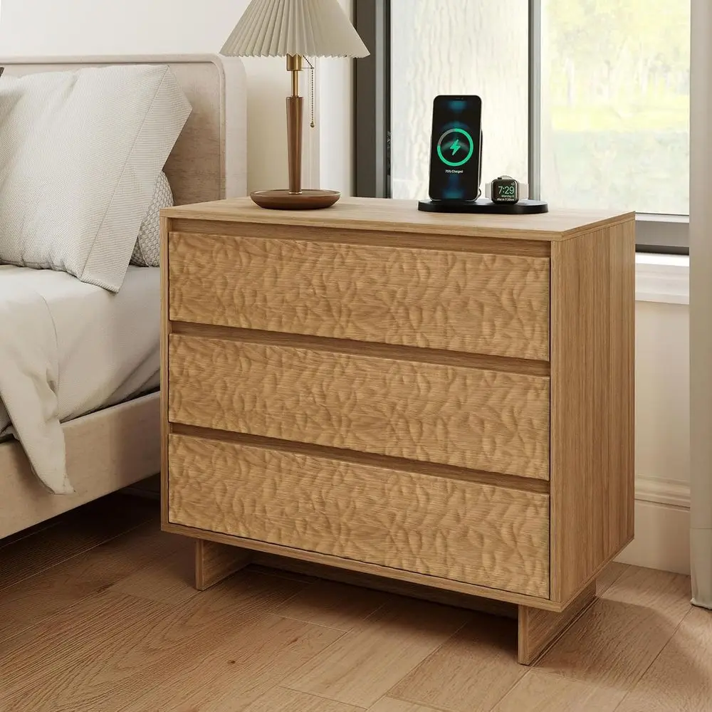 

Деревянная прикроватная тумбочка с зарядной станцией, 3 ящика, 26,5 Вт, отделка натуральный дуб, для спальни