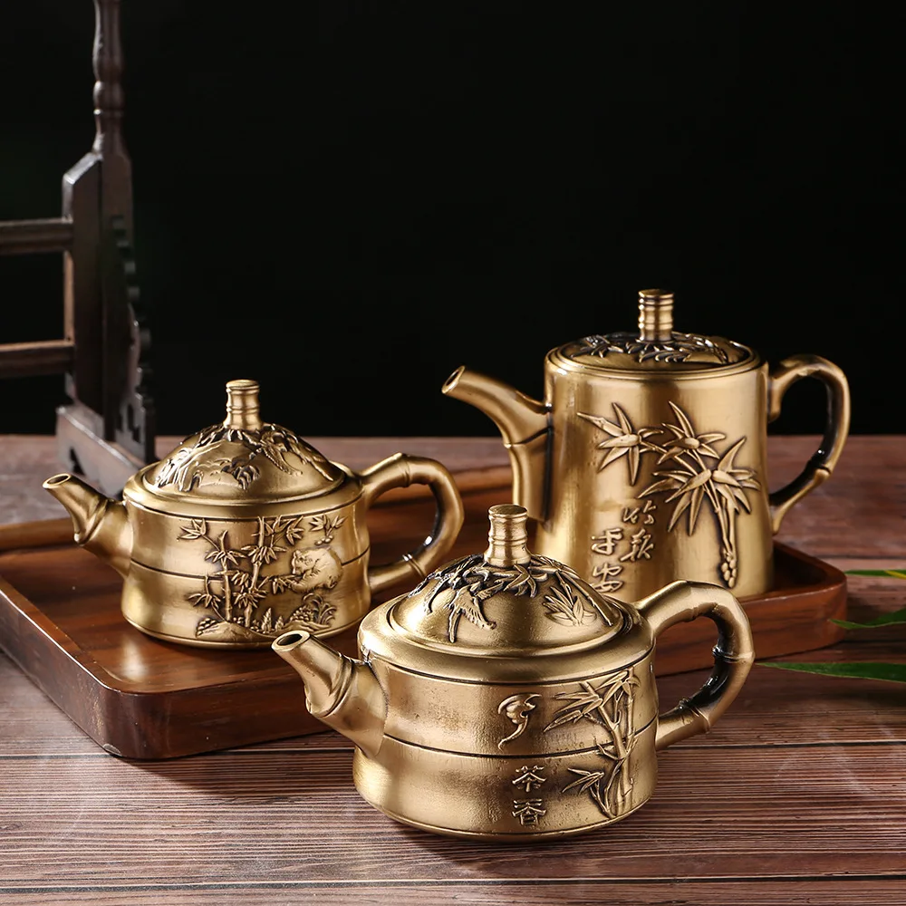 Pure Brass Tea Pot Handle Pot Decorations, Full of Happiness and Longevity, Fish Leaping, Dragon Gate, Small Tea Pot, Tea Set