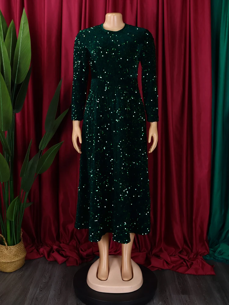 2024 Vintage-Mode Pailletten Frauen Kirche Swing Kleider Lange Hülse O-ansatz Hohe Taille Elegante Glitter Bankett Party Abendkleid – Detail 23