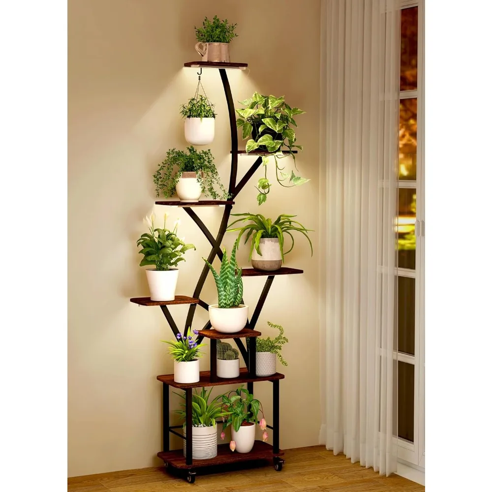 Soporte alto para plantas de interior con ruedas y luces de cultivo, 64 de altura, metal de varios niveles para iluminar plantas de esquina
