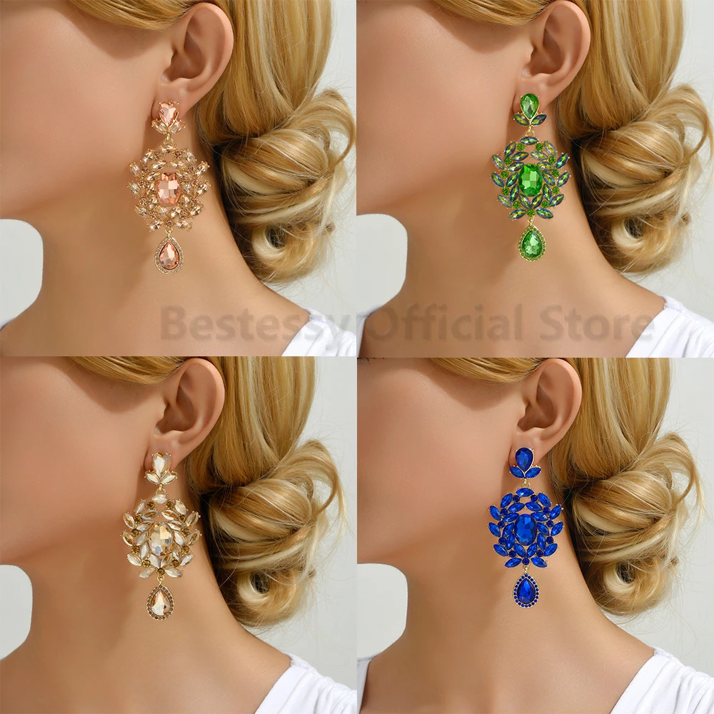 Luxury Colorful Geometric Dangle Earrings For Women Fashion Glass Pendant Big Chandelier Ear Jewelry Bridal Wedding Party Gifts