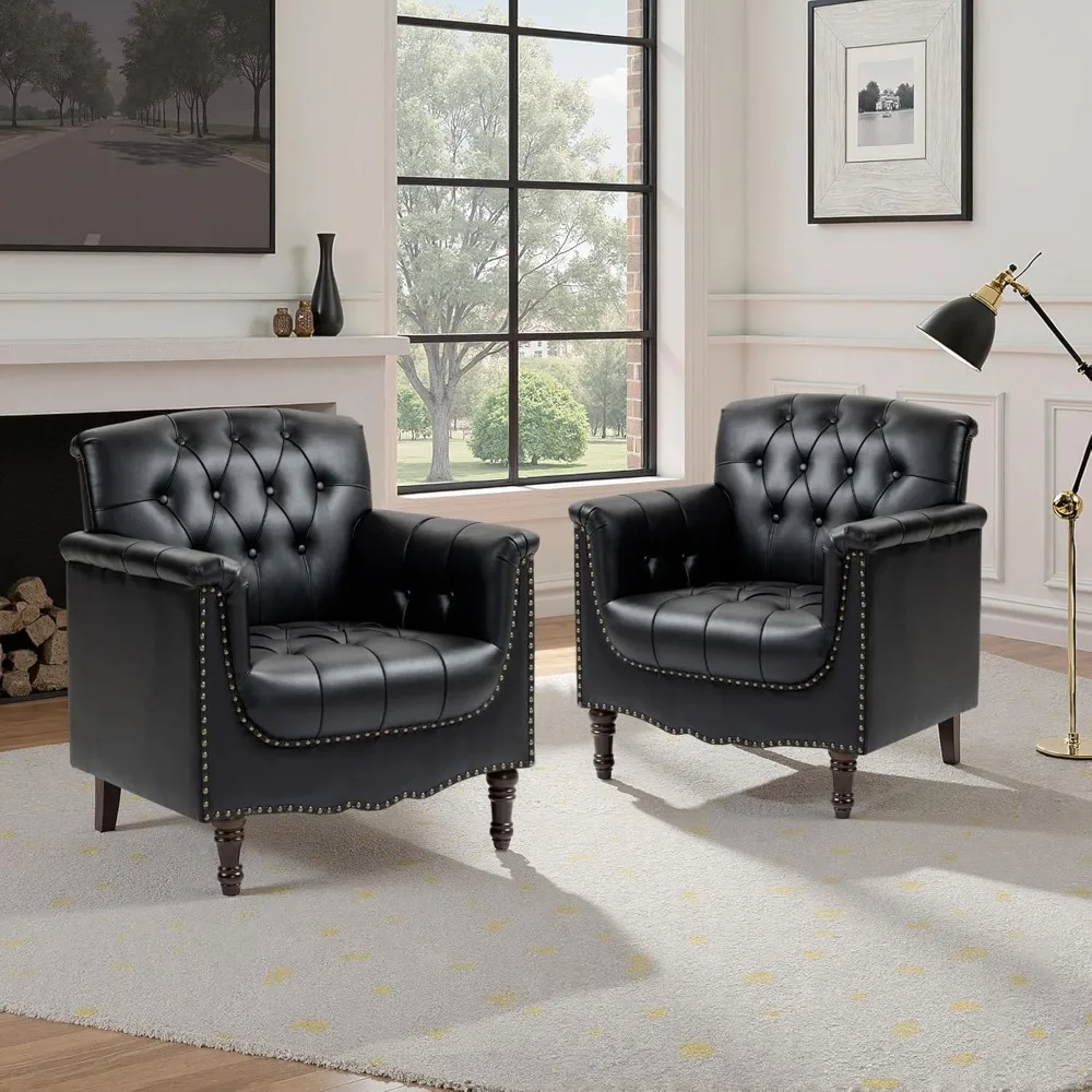

Faux Leather Accent Chair, PU Leather Modern Comfy Upholstered Armchair with Wood Legs & Nailhead Trim for Living Room.