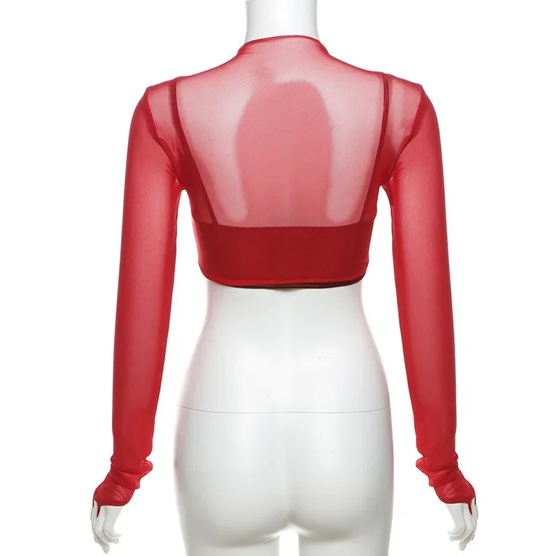 Hollow Out T Shirts For Women Mini 2 Pcs Set Rave Outfits Mesh Crop Top Skinny Camisole Ropa De Mujer See Through Y2k Clothes