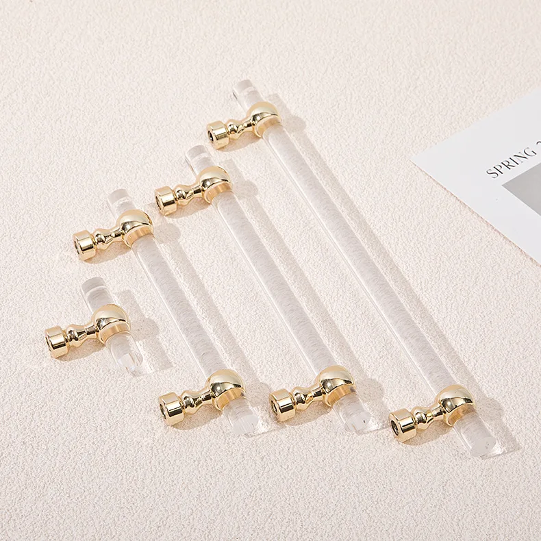 Transparent Acrylic+brass Drawer Knobs Gold and silver T bar Handle Bathroom Pulls Kitchen Cabinet Door Handle Pull