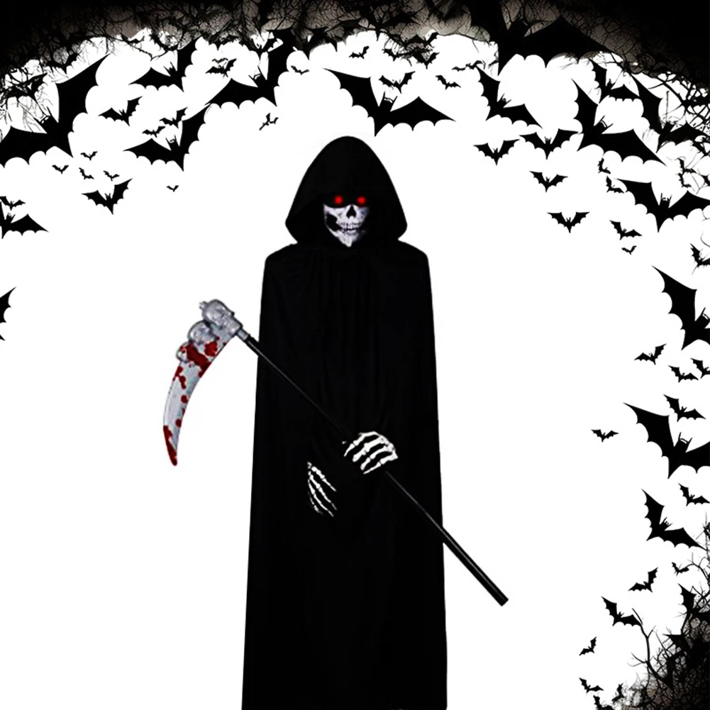 Halloween Grim Reaper Costume with Glowing Red Eyes & Gloves Mask Boy Costume Cosplay Outfit for Halloween Carnival Fancy Dress