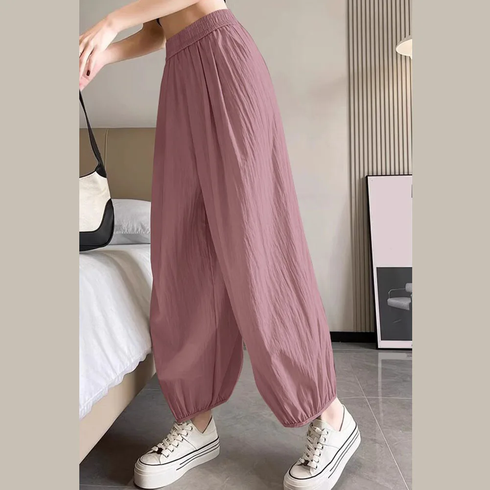 Elastic Waist Pants Ice Silk Pants Sports Elastic Waist Bundle Foot Loose for Fit Solid Color Four Seasons For Sports