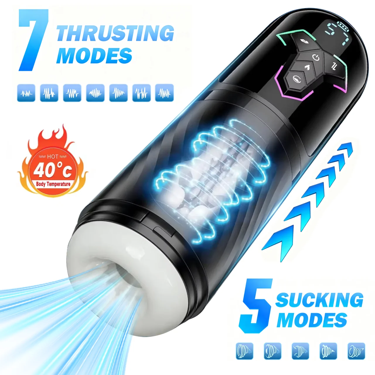 Masturbador masculino telescópico automático, bomba de pene 5 en 1, máquinas sexuales vibratorias de succión calentadas, pantalla LCD, Juguetes sexuales para hombres