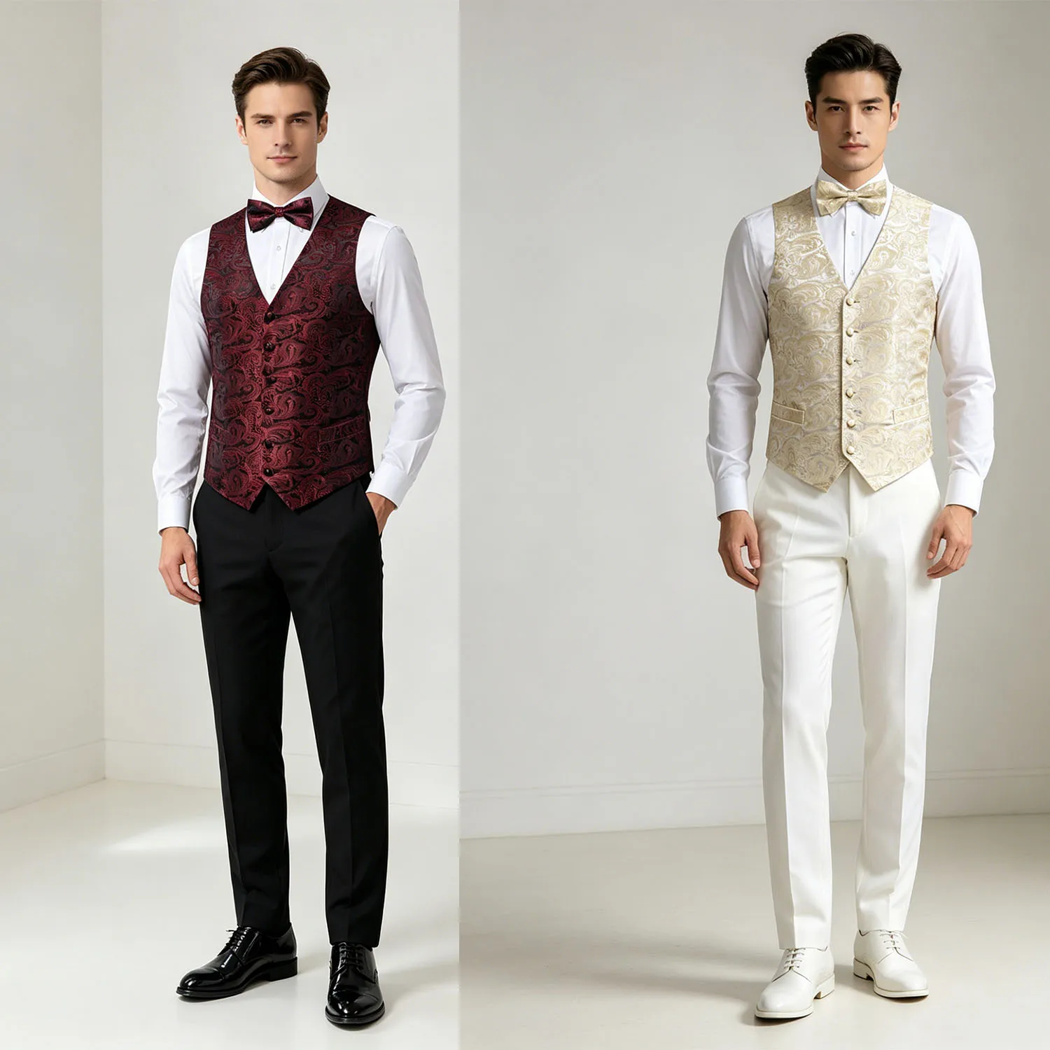 

Formal Luxury Mens Vest Party Wedding Red Blue Paisley Waistcoat Pocket Square Bowtie Suit Set