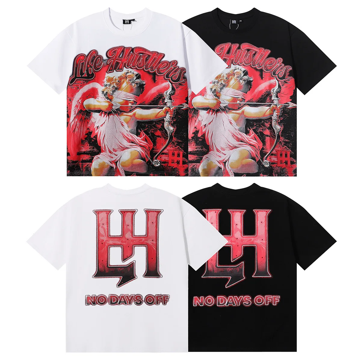 Life Hustlers Bling Cupid Masked Angel Archery Print Beaded Short-Sleeved T-Shirt - Trendy Brand for Men and Women