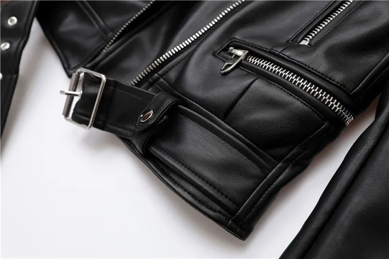 ZVRI Spring and Autumn 2023 New faux leather PU jacket with belt women\'s lapel motorcycle jacket black zip biker jacket