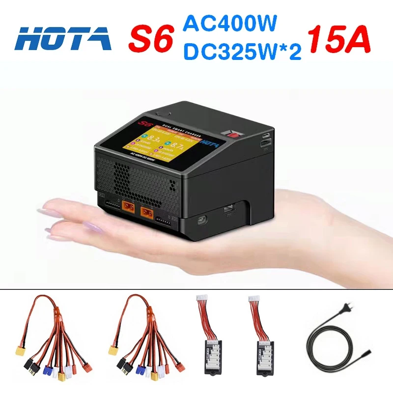 

HOTA S6 AC400W DC650W 15A Dual Channel Smart Ultra Small Size Charger with ADP for Lipo LiHV LiFe LiIon NiZn NiCd NiMH Battery